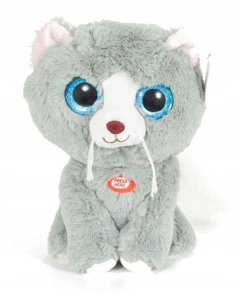 PLUSZOWY KOTEK błyszczące oczy SZARY 23CM DŹWIĘK