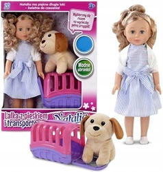 Lalka Natalia w sukience z pieskiem transporterem