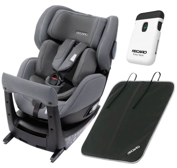 RECARO Salia i-Size Prime Silent Grey fotelik samochodowy obrotowy <105cm + Easy Tech Alarm do fotelika + Mata ochronna pod fotelik