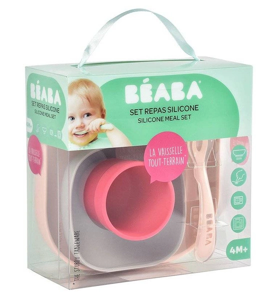 Beaba - Komplet naczyń z silikonu z przyssawką pink