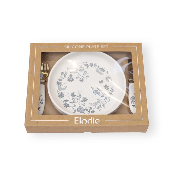 Elodie Details - Zestaw silikonowy - talerzyk i sztućce - Garden Leo Toile