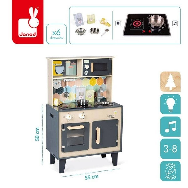 Janod - Duża drewniana kuchnia z dźwiękiem, światłem LED i 6 akcesoriami Mozaika 3-8 lat