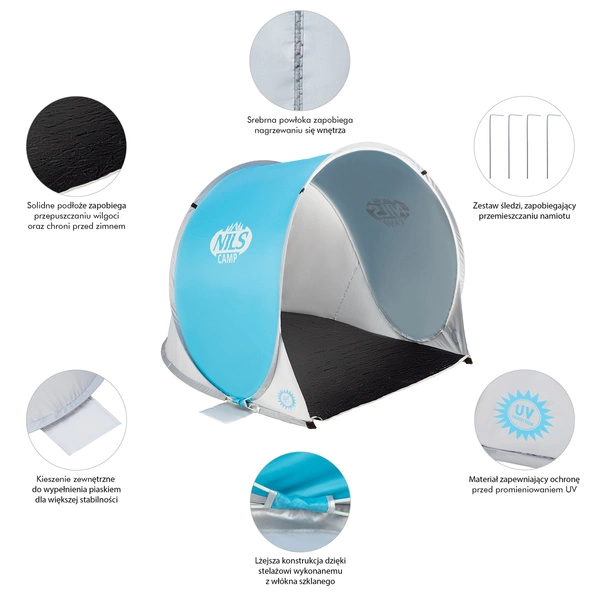 NILS CAMP namiot plażowy samorozkładający wodoodporny z podłogą UV 140x110x110