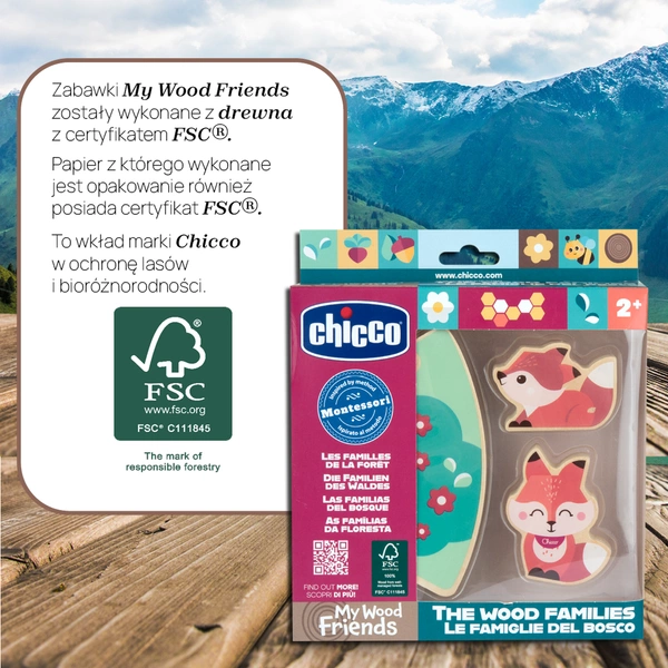 CHICCO DREWNIANA KRYJÓWKA LISÓW kolorowa zabawka z figurkami do układania