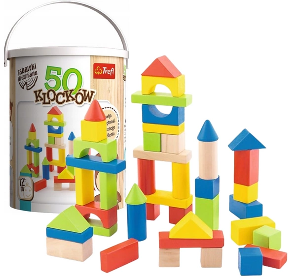 TREFL drewniane klocki 50 elementów w wiaderku + sorter