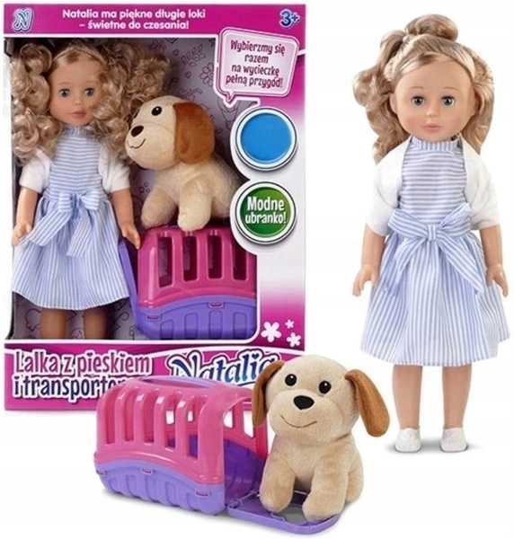 Lalka Natalia w sukience z pieskiem transporterem