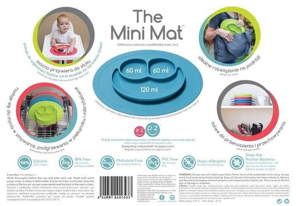 EZPZ - Silikonowy talerzyk z podkładką mały 2w1 Mini Mat niebieski