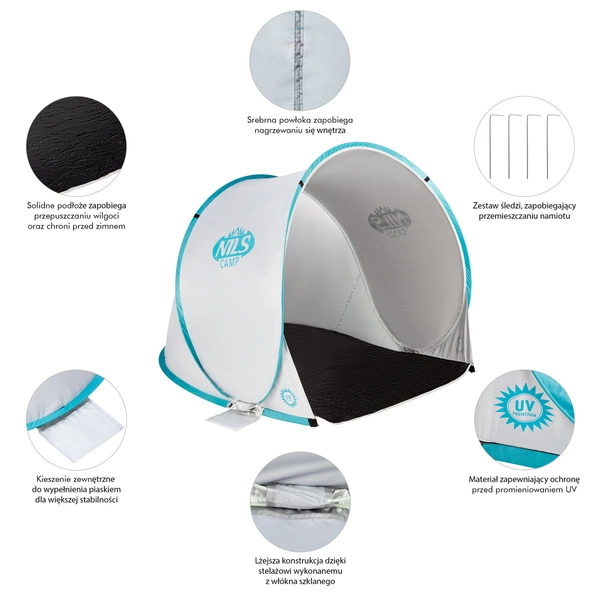 NILS CAMP namiot plażowy samorozkładający wodoodporny z podłogą UV 140x110x110