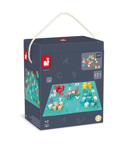 Janod - Drewniane klocki z puzzlami Kubix Litery i cyfry 40 elementów 2+