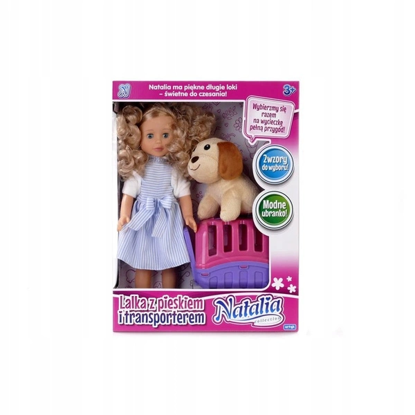 Lalka Natalia w sukience z pieskiem transporterem
