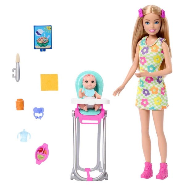 Lalka BARBIE SKIPPER opiekunka + krzesełko do karmienia z bobasem HTK35
