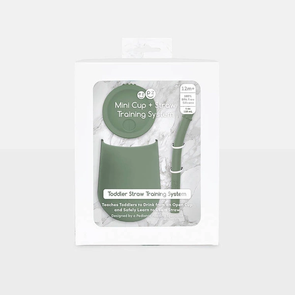 EZPZ - Silikonowy kubeczek ze słomką Mini Cup + Straw Training System 120 ml, oliwkowy