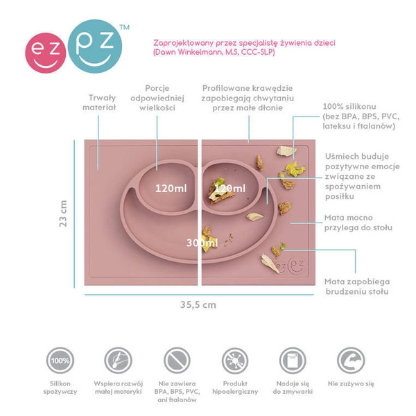 EZPZ - Silikonowy talerzyk z podkładką 2w1 Happy Mat pastelowy róż