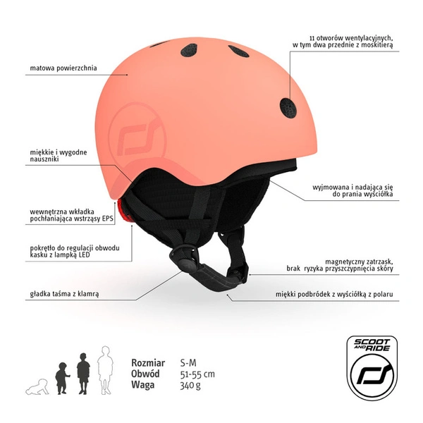 SCOOT AND RIDE kask narciarski S-M dla dzieci regulacja dziecięcy LED Peach