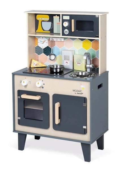 Janod - Duża drewniana kuchnia z dźwiękiem, światłem LED i 6 akcesoriami Mozaika 3-8 lat