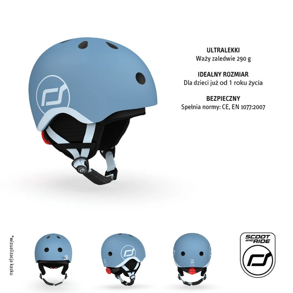 SCOOT AND RIDE kask narciarski XXS-S dla dzieci regulacja dziecięcy LED Steel
