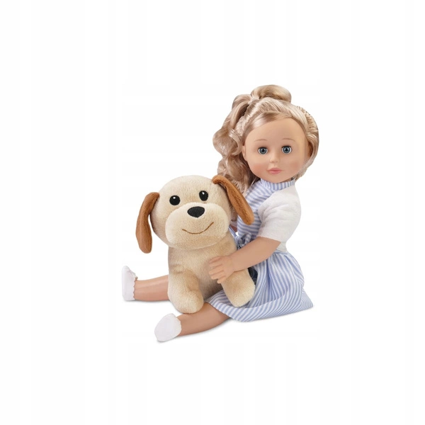 Lalka Natalia w sukience z pieskiem transporterem