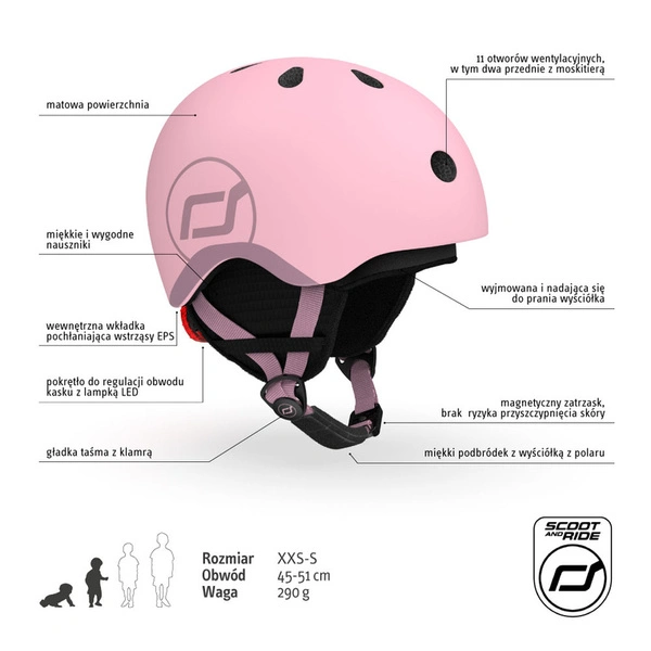 SCOOT AND RIDE kask narciarski XXS-S dla dzieci regulacja dziecięcy LED Rose