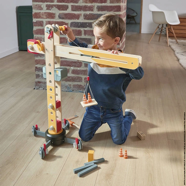 Janod - Duży drewniany dźwig do składania z narzędziami 3+