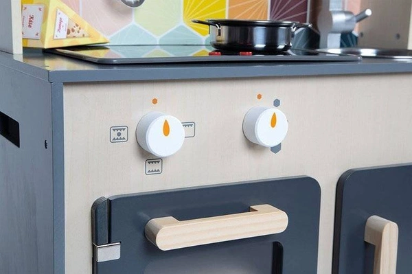 Janod - Duża drewniana kuchnia z dźwiękiem, światłem LED i 6 akcesoriami Mozaika 3-8 lat