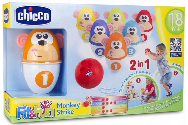 CHICCO Zestaw Kręgli gra kolorowe kręgle małpki