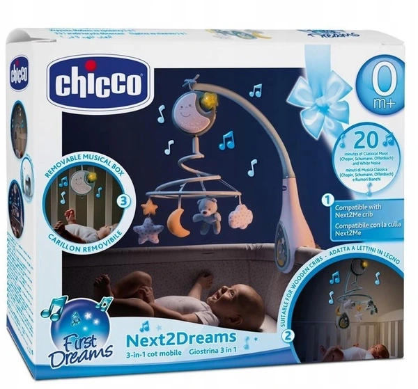 CHICCO Next2Dreams Next2Me karuzela na łóżeczko lampka szum niebieska