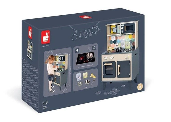 Janod - Duża drewniana kuchnia z dźwiękiem, światłem LED i 6 akcesoriami Mozaika 3-8 lat