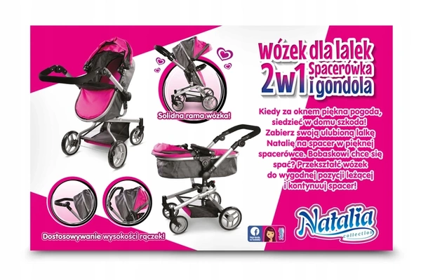 NATALIA Wózek dla lalek 2w1 spacerówka gondola