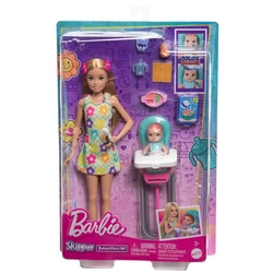 Lalka BARBIE SKIPPER opiekunka + krzesełko do karmienia z bobasem HTK35