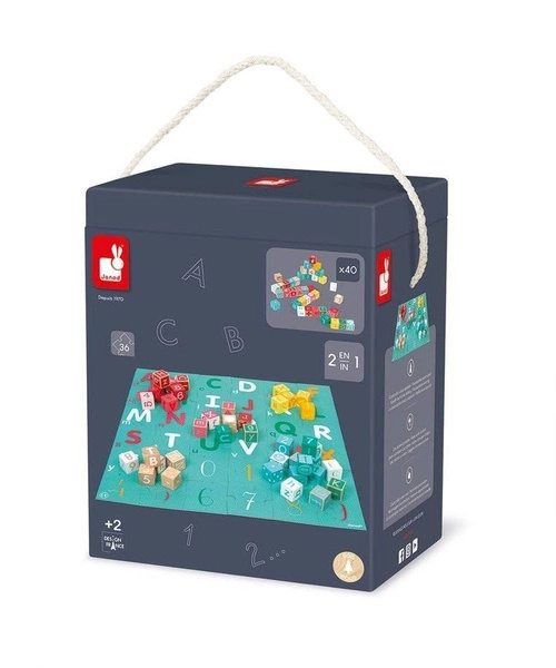 Janod - Drewniane klocki z puzzlami Kubix Litery i cyfry 40 elementów 2+