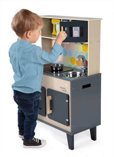 Janod - Duża drewniana kuchnia z dźwiękiem, światłem LED i 6 akcesoriami Mozaika 3-8 lat