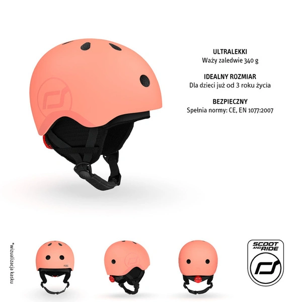 SCOOT AND RIDE kask narciarski S-M dla dzieci regulacja dziecięcy LED Peach