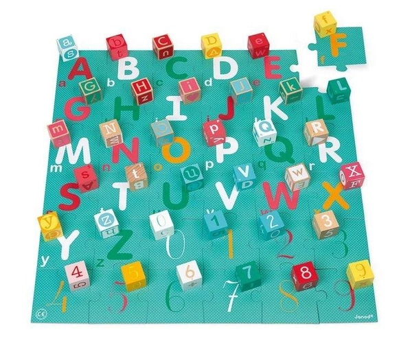 Janod - Drewniane klocki z puzzlami Kubix Litery i cyfry 40 elementów 2+