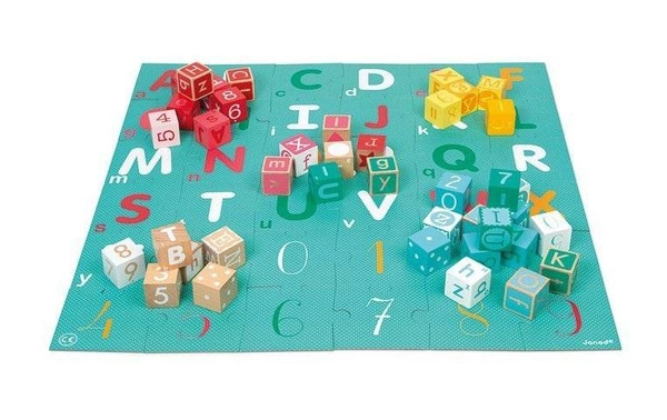 Janod - Drewniane klocki z puzzlami Kubix Litery i cyfry 40 elementów 2+