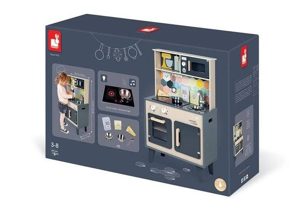 Janod - Duża drewniana kuchnia z dźwiękiem, światłem LED i 6 akcesoriami Mozaika 3-8 lat