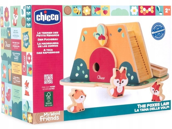 CHICCO DREWNIANA KRYJÓWKA LISÓW kolorowa zabawka z figurkami do układania