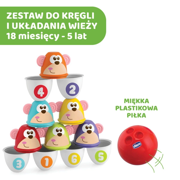 CHICCO Zestaw Kręgli gra kolorowe kręgle małpki