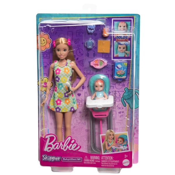 Lalka BARBIE SKIPPER opiekunka + krzesełko do karmienia z bobasem HTK35