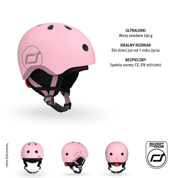 SCOOT AND RIDE kask narciarski XXS-S dla dzieci regulacja dziecięcy LED Rose