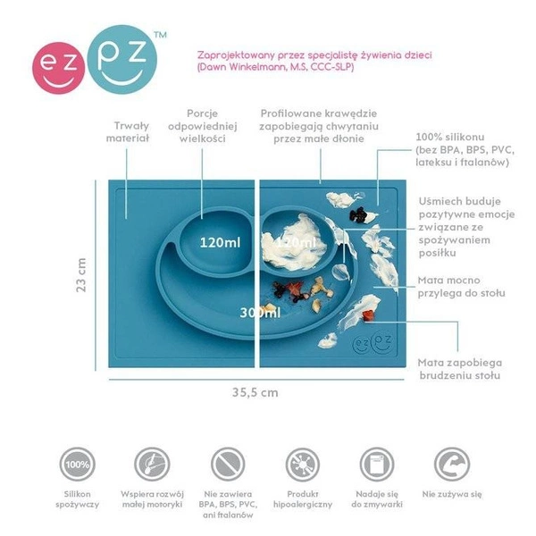 EZPZ - Silikonowy talerzyk z podkładką 2w1 Happy Mat niebieski