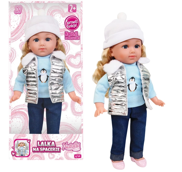 Urocza LALKA NATALIA w srebrnej kamizelce interaktywna po polsku 36CM Mówi pl 3+
