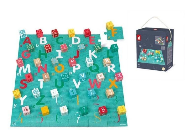 Janod - Drewniane klocki z puzzlami Kubix Litery i cyfry 40 elementów 2+