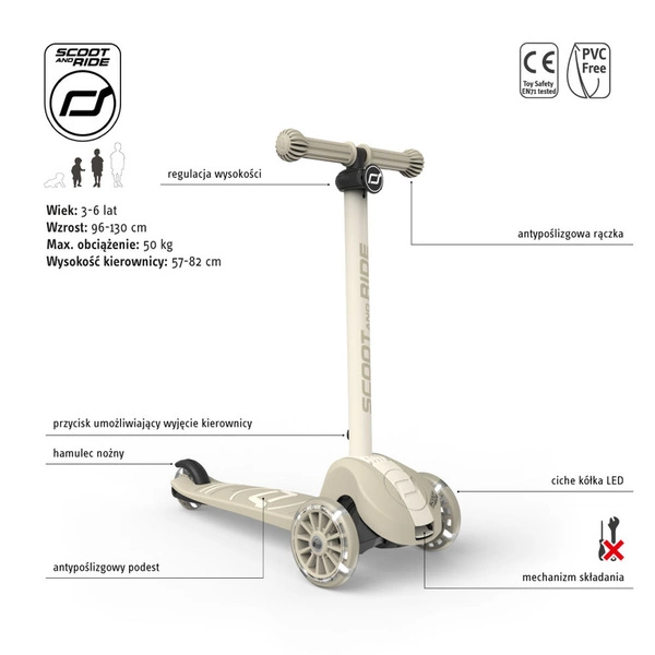 SCOOT AND RIDE HIGHWAYKICK 3S kołowa LED hulajnoga z systemem sterowania Ash