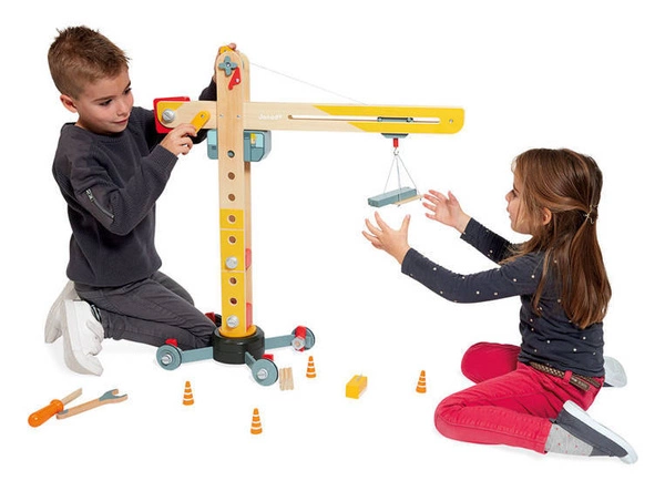 Janod - Duży drewniany dźwig do składania z narzędziami 3+