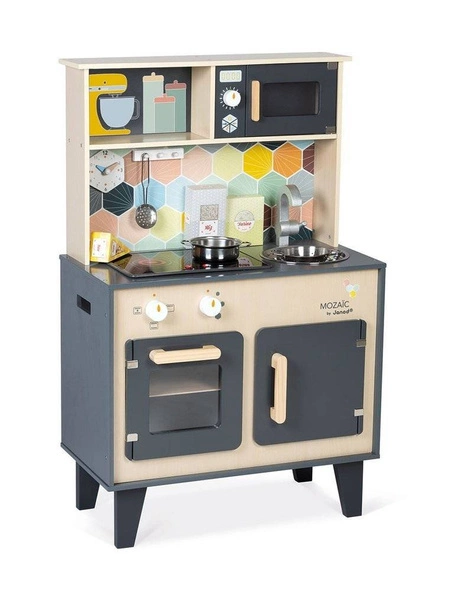 Janod - Duża drewniana kuchnia z dźwiękiem, światłem LED i 6 akcesoriami Mozaika 3-8 lat