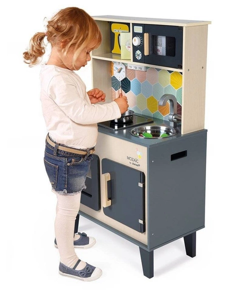 Janod - Duża drewniana kuchnia z dźwiękiem, światłem LED i 6 akcesoriami Mozaika 3-8 lat